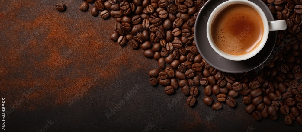 Poster An espresso coffee is displayed on an old background alongside a copy space image of coffee beans