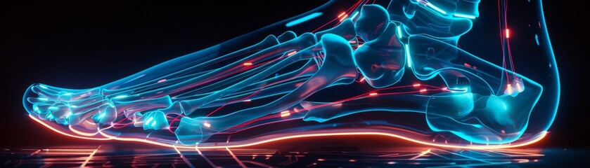 Futuristic visualization of human foot anatomy, glowing with neon blue and red to showcase muscles and bones in a dark background