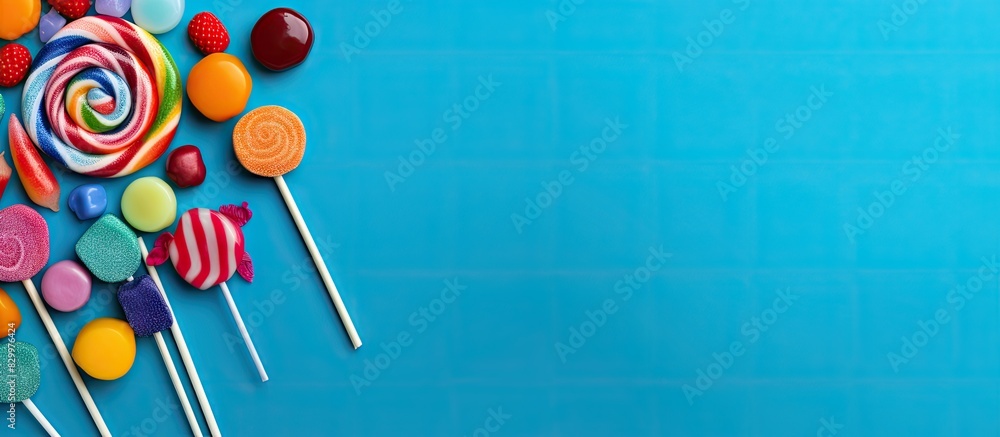 Poster blue background with colorful lollipops and assorted round candies providing a vibrant and visually 