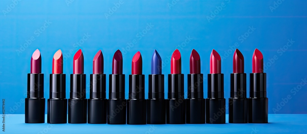 Poster A blue background with lipsticks that provides room for text. with copy space image. Place for adding text or design