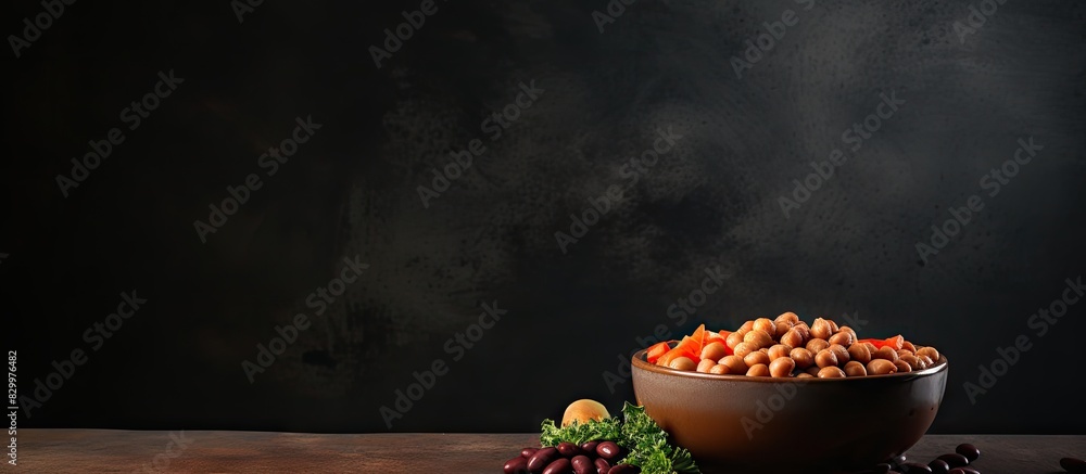 Poster copy space image featuring a dark concrete background with a bowl filled with beans encompassing the