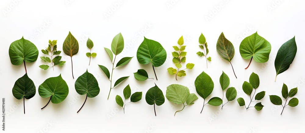 Poster A diverse selection of green leaves creatively arranged on a white background leaving space for potential images or text. with copy space image. Place for adding text or design