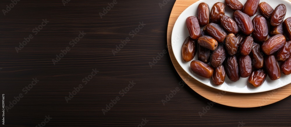 Poster A copy space image of dates arranged on a white dish placed on a dark wooden table can be seen from a top down perspective