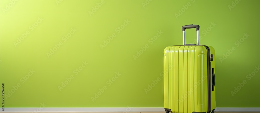 Aufkleber in a lime colored room a suitcase is positioned symbolizing tourism traveling and featuring ample co