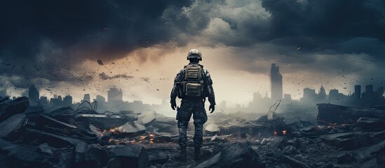 A person veteran walks bravely in the midst of war defending and securing their country against enemy forces with copy space image