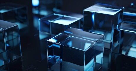 3D rendering of glass cubes on black background, dark abstract buissness background