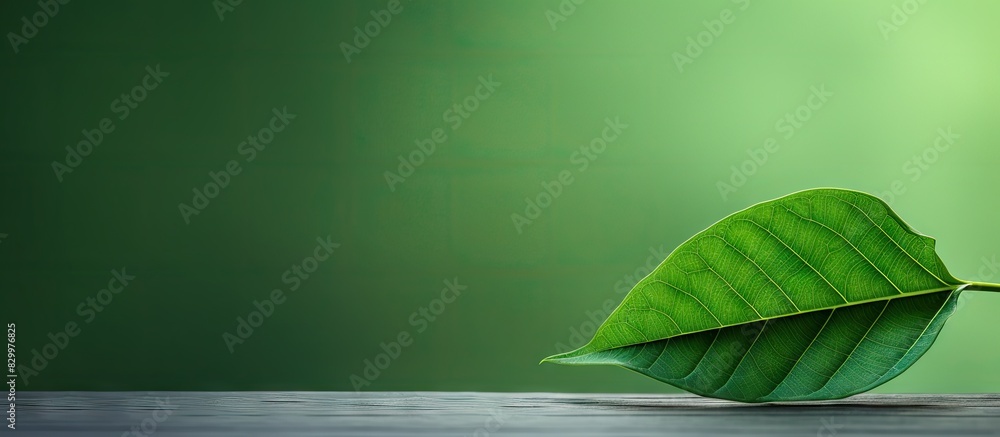 Poster a close up image showcasing a vibrant green leaf in a garden offering ample copy space surrounding t