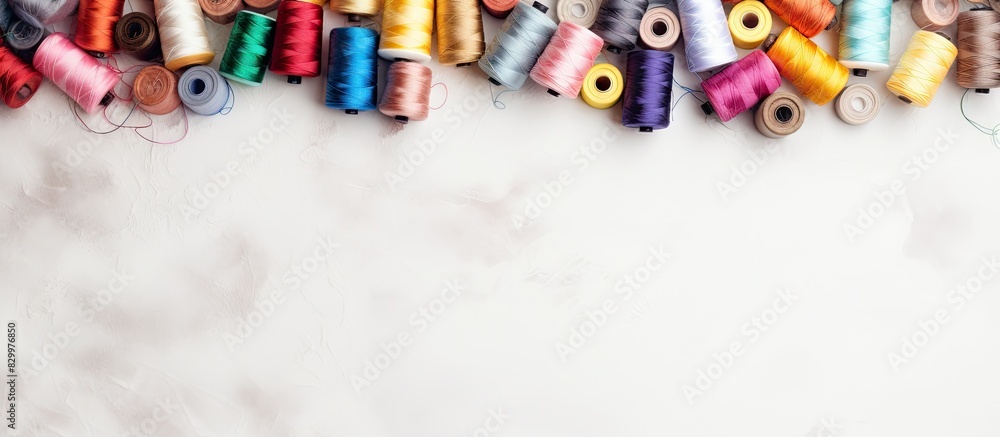 Aufkleber A flat lay of vibrant sewing threads spread across a white marble table creating a colorful backdrop with ample copy space for text