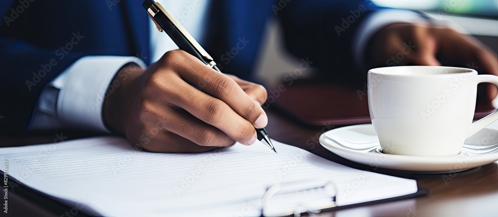 Poster A person is using their hands to prepare a business plan with a copy space image They are writing documentation using a pen
