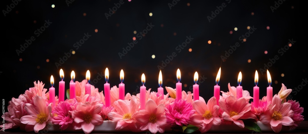 Poster a copy space image featuring a black background adorned with pink happy birthday candles and a flora