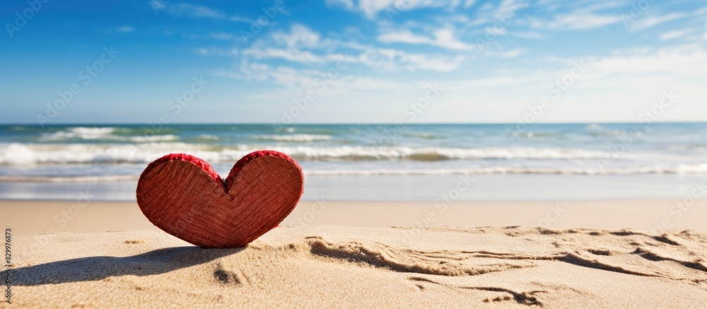 Poster a close up of a red wooden cutout in the shape of i love you is placed on the sandy beach representi