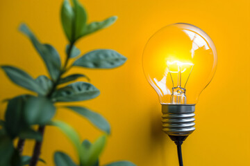 Energyefficient light bulb and a green plant on a yellow background Idea innovation ecology and energysaving concept
