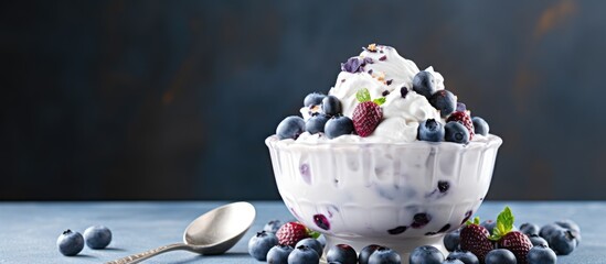 Copy space image of ice cream with a generous topping of fresh blueberries accompanied by a conveniently placed spoon A delightful food background to savor