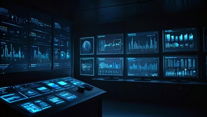 Digital computer screens displaying financial analytical data in a modern monitoring office, where finance specialists sit in front of the computers. - Powered by Adobe