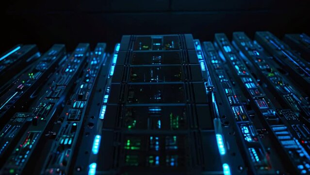 View of a data center with numerous fully operational server racks, highlighting modern telecommunications, artificial intelligence, and supercomputer technology.