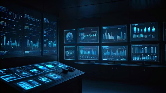 Digital computer screens displaying financial analytical data in a modern monitoring office, where finance specialists sit in front of the computers.