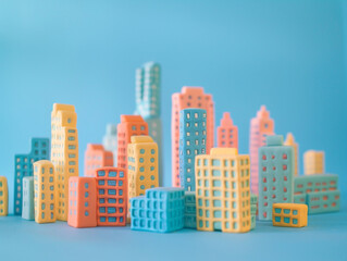 City model made of plasticine on pastel blue background.