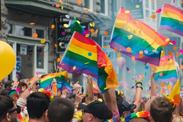 Colorful pride parade with rainbow flags and confetti