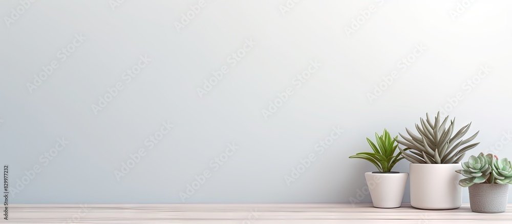 Poster Copy space image of an inviting empty workplace with a white desk and a succulent plant in the foreground