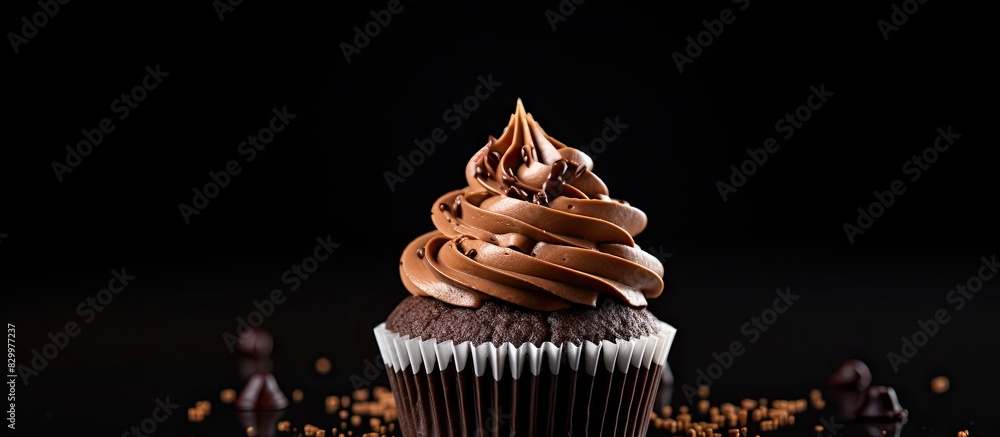 Poster a chocolate cupcake with a creamy topping displayed on a dark background with ample space for text o