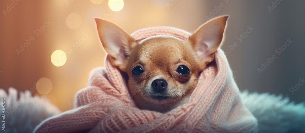 Poster a cute chihuahua dog wearing a sweater rests on a cozy blanket creating a charming copy space image