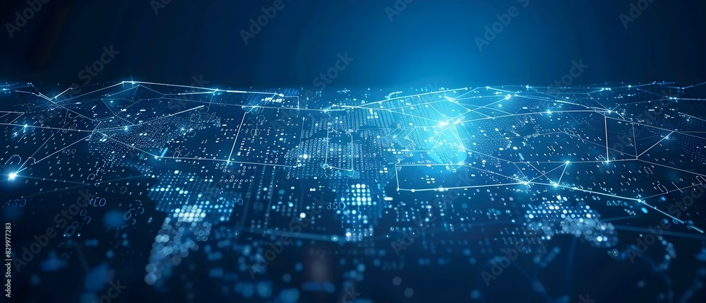 Poster Abstract digital world map on blue background with binary code and global network connection technology concept, data transfer and cyber security in the cyberspace