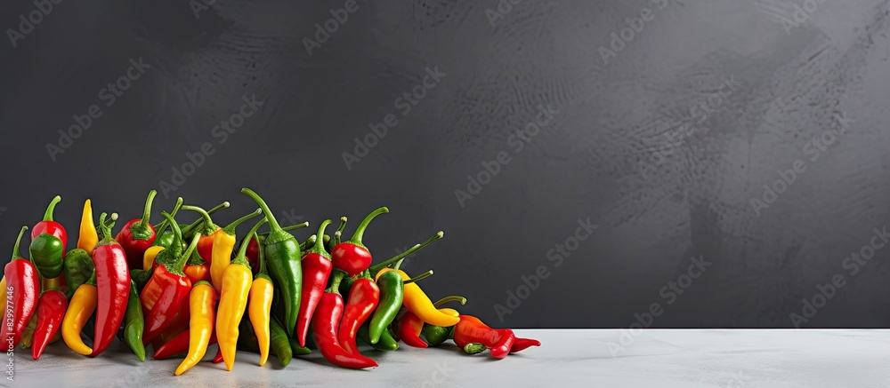 Poster colorful chili peppers are displayed on a gray background offering plenty of copy space for addition