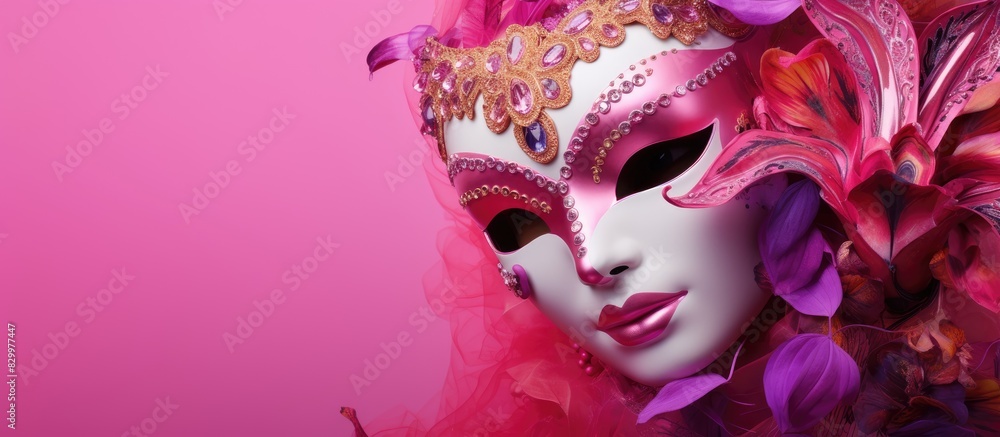 Aufkleber carnival masks placed against a vibrant pink backdrop creating an isolated copy space image