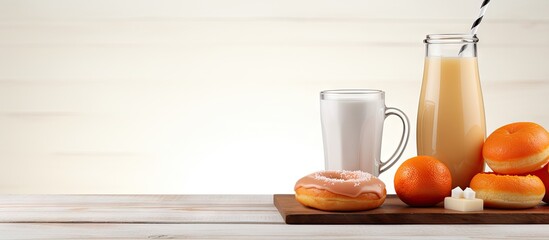 A breakfast spread of coffee orange juice and donuts on a copy space image of a white wooden table