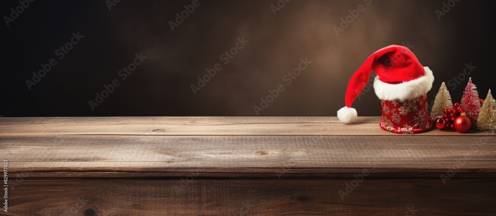 Aufkleber An old wood table with a Santa hat on it serves as the background for a copy space image
