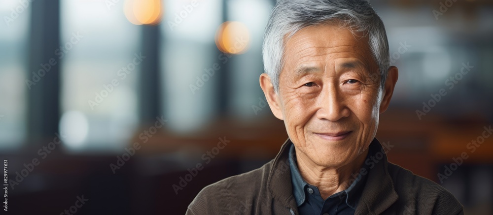 Poster an attractive elderly asian man gazing at the camera with ample copy space in the image