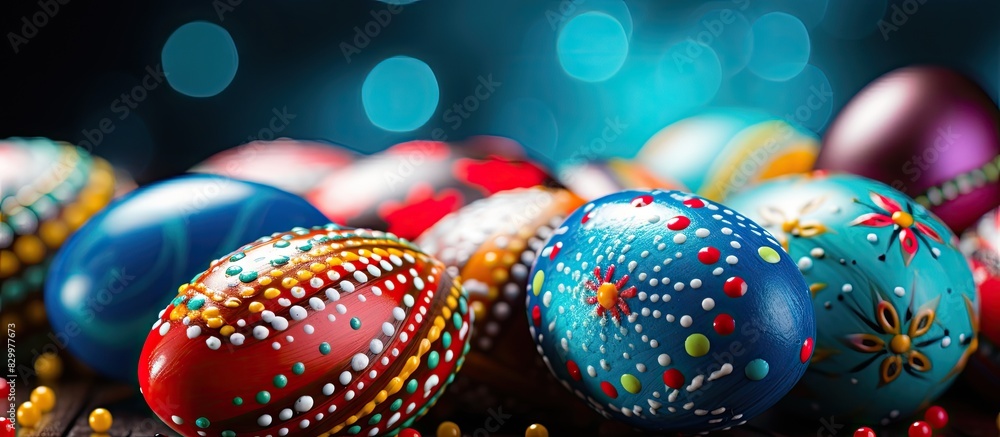 Poster Colorful Easter themed backgrounds featuring a variety of beautifully decorated eggs perfect for adding a festive touch to any design or project Ample copy space available for customization