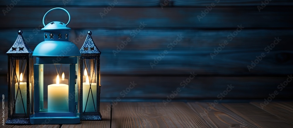Poster A decorative Blue Lantern with candles on a wooden background creating a copy space image