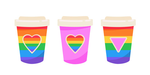 Set of vector paper cups with LGBT logos on white background.