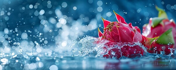 Dragon fruit splashing in water against a blue background Vivid red fruit with dynamic water droplets, perfect for fresh and exotic fruit visuals