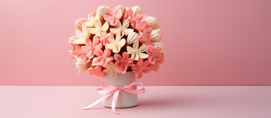 A bouquet of homemade pink heart shaped cookies arranged in a paper corn resembling a bouquet of flowers perfect for Valentine s Day or Mother s Day Copy space image