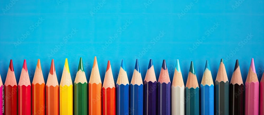 Poster Color pencils arranged on colored papers creating a visually appealing copy space image
