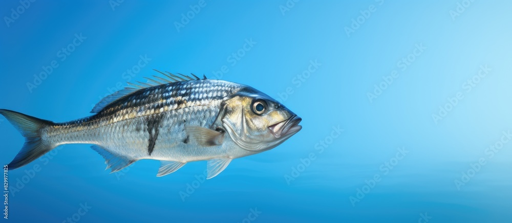 Poster A delicious grilled dorado fish presented on a blue background with plenty of empty space for placement. with copy space image. Place for adding text or design