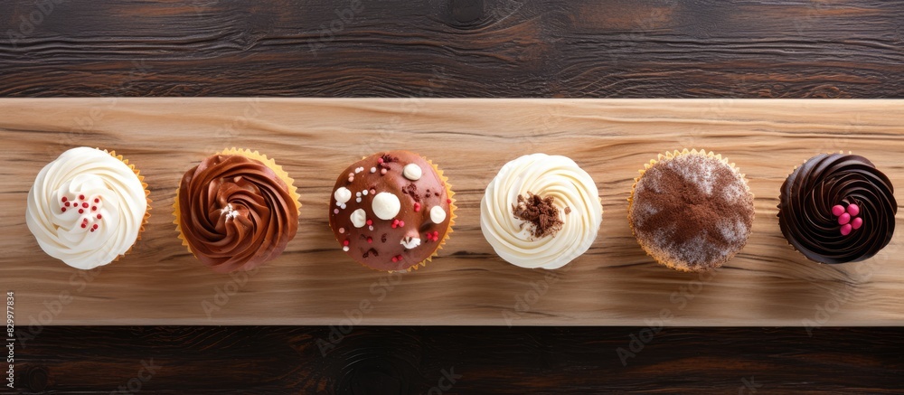 Poster cupcakes arranged on a walnut wood in a top view copy space image for pastries