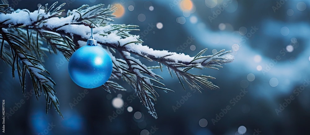 Poster a festive forest branch adorned with a single blue ornament creating a welcoming background for new 