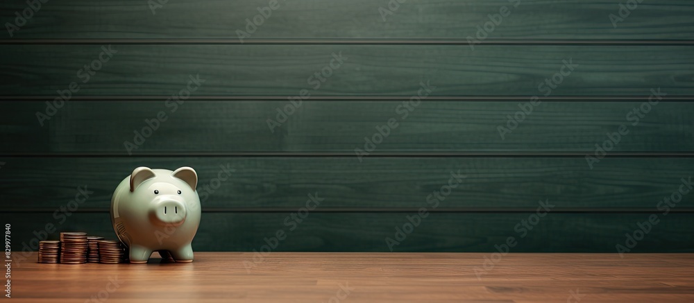 Aufkleber an old table hosts a piggy bank atop featuring a coin a perfect copy space image