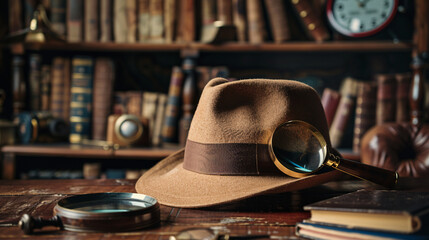 Investigation magnifying glass in hat background wallpaper crime scene