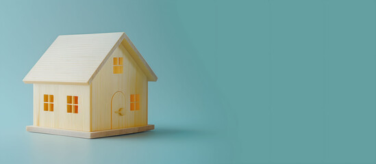 Mini model of a wooden house on a blue isolated background. Concept of building, buying a house. Banner with space for text.
