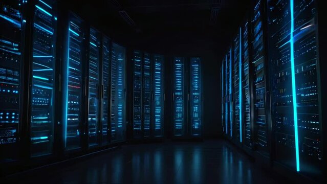 Perspective of a data center with numerous rows of working server racks, illustrating advanced telecommunications, artificial intelligence, and supercomputer technology.