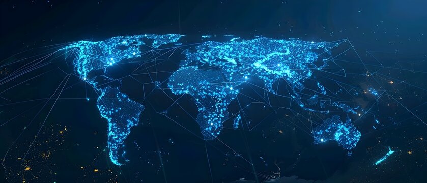 Abstract digital world map on blue background with binary code and global network connection technology concept, data transfer and cyber security in the cyberspace