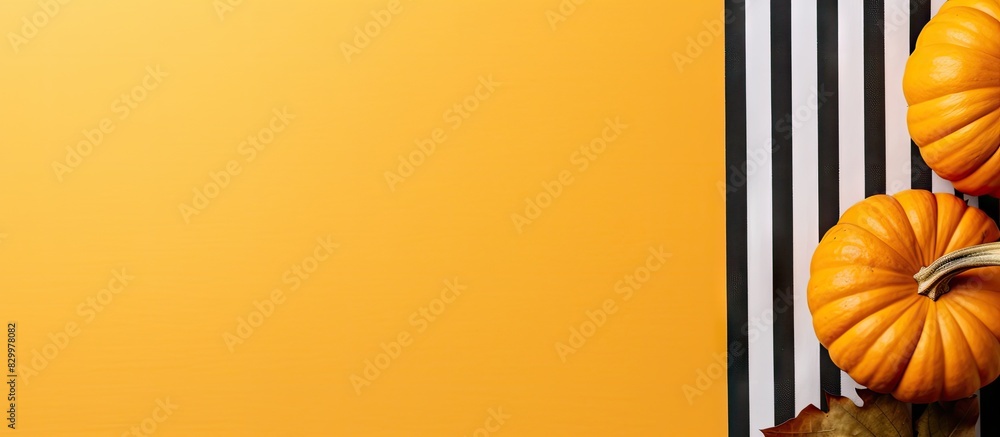 Poster autumn themed flat lay with a small striped pumpkin placed on yellow paper the image conveys the ess