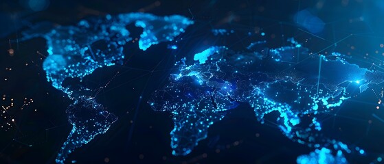 Abstract digital world map on blue background with binary code and global network connection technology concept, data transfer and cyber security in the cyberspace