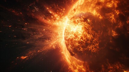 Fototapeta premium Immerse yourself in the haunting beauty and devastation of a planet explosion, as fiery plumes of energy erupt from its surface, casting an ominous glow against the backdrop of the infinite cosmos