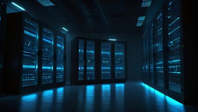 Computers in the network server room enable digital communications and internet services, encapsulating the abstract notion of data