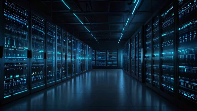 The network server room contains computers utilized for digital communications and internet connectivity, epitomizing the abstract concept of data.